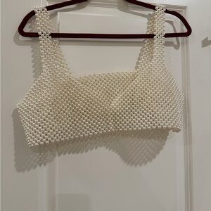 Pearl Beaded Crop Tank Top - Cream